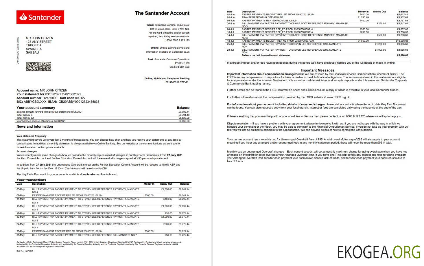 Modèle de relevé bancaire Royaume Uni Santander au format Word et PDF (2 pages)